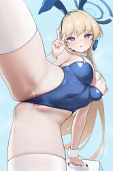 Rule 34 | 1girl, absurdres, animal ears, bare shoulders, blonde hair, blue archive, blue bow, blue eyes, blue leotard, blush, bow, bowtie, breasts, cameltoe, cleavage, closed mouth, covered navel, detached collar, dilation tape, fake animal ears, hairband, halo, highleg, highleg leotard, highres, houkago shounen, large breasts, leg up, leotard, long hair, looking at viewer, official alternate costume, playboy bunny, pussy, pussy juice, rabbit ears, ribbon, simple background, smile, solo, split, standing, standing on one leg, standing split, strapless, strapless leotard, tape, tape on pussy, thighhighs, thong leotard, toki (blue archive), toki (bunny) (blue archive), v, very long hair, white wrist cuffs, wrist cuffs
