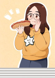 Rule 34 | 1girl, absurdres, aragon honnin, black-framed eyewear, black pants, blush, brown eyes, brown hair, food, freckles, glasses, highres, holding, holding food, hot dog, licking lips, long hair, long sleeves, original, pants, parted bangs, solo, sweater, tongue, tongue out, yellow sweater