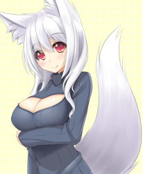 Rule 34 | 1girl, animal ear fluff, animal ears, blush, breasts, cleavage, cleavage cutout, clothing cutout, fox ears, fox tail, highres, large breasts, long hair, looking at viewer, meme attire, open-chest sweater, original, red eyes, ribbed sweater, silver hair, smile, sogaya, solo, standing, sweater, tail