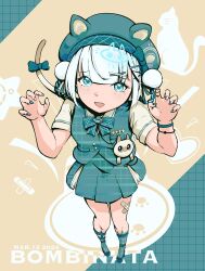 Rule 34 | 1girl, alternate costume, animal ear headwear, animal ears, bambinata (punishing: gray raven), bandaid, bandaid on leg, beret, black hair, blue eyes, bow, bracelet, braided hair rings, cat tail, character name, checkered clothes, checkered jacket, checkered skirt, dated, fake animal ears, fangs, fish bone, green bow, green footwear, green hat, green jacket, green nails, green skirt, grey shirt, hair ornament, hairclip, hat, heart, heart-shaped pupils, highres, jacket, jewelry, metaldaisy, multicolored hair, open mouth, paw pose, pom pom (clothes), punishing: gray raven, shirt, short sleeves, skirt, sleeveless, sleeveless jacket, solo, symbol-shaped pupils, tail, tail bow, tail ornament, two-tone hair, white hair, x hair ornament