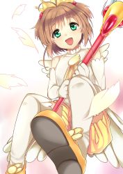 Rule 34 | 1990s (style), 1girl, :d, antenna hair, aqua eyes, bad id, bad pixiv id, blush, brown hair, cardcaptor sakura, child, elbow gloves, feathers, foreshortening, fuuin no tsue, gloves, happy, haruyuki (yukichasoba), highres, holding, kinomoto sakura, looking at viewer, magical girl, open mouth, retro artstyle, shoes, short twintails, simple background, smile, solo, thighhighs, twintails, two side up, wand, white gloves, white thighhighs