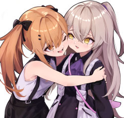 Rule 34 | 2girls, ;d, aged down, bare arms, bare shoulders, black bow, black dress, black shorts, bow, brown eyes, brown hair, collared dress, commentary request, dress, girls&#039; frontline, hair between eyes, hair bow, hair ornament, hair over one eye, hairclip, hug, long hair, long sleeves, mari0ball, multiple girls, official alternate costume, one eye closed, open mouth, ponytail, puffy long sleeves, puffy sleeves, scar, scar across eye, scar on face, shirt, shorts, simple background, sleeveless, sleeveless shirt, smile, suspender shorts, suspenders, ump45 (agent lop rabbit) (girls&#039; frontline), ump45 (girls&#039; frontline), ump9 (girls&#039; frontline), ump9 (shiba investigator) (girls&#039; frontline), upper body, very long hair, white background, white shirt