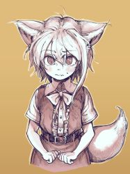Rule 34 | 1girl, animal ears, asymmetrical hair, belt, blush, bow, bowtie, center frills, closed mouth, collared shirt, commentary request, cookie (touhou), cowboy shot, dress, fang, fang out, fox ears, fox girl, fox tail, frills, hair between eyes, highres, looking at viewer, medium hair, miramikaru riran, sepia, shirt, short sleeves, sidelocks, simple background, sleeveless, sleeveless dress, slit pupils, solo, tail, toteraba, yellow background