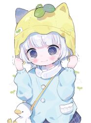 Rule 34 | 1girl, @ @, animal bag, bag, blue skirt, blunt bangs, blush, buttons, checkered clothes, checkered skirt, child, clenched hands, cloud, collar, commentary, cotono (nazekun), cowering, dot nose, hat, hat with ears, highres, kindergarten uniform, light blue jacket, long sleeves, looking down, original, puffy long sleeves, puffy sleeves, scared, school hat, seedling, short eyebrows, short hair, shoulder bag, skirt, solo, stuffed animal, stuffed duck, stuffed toy, trembling, v-shaped eyebrows, wavy mouth, white background, white collar, white hair, yellow hat