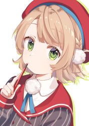 Rule 34 | 1girl, beret, blonde hair, blue ribbon, blunt bangs, braid, closed mouth, collared jacket, collared shirt, drop shadow, french braid, green eyes, grey jacket, hair ornament, hair rings, hat, highres, holding, indie virtual youtuber, jacket, light blush, looking at viewer, neck ribbon, nobori yuzu, pencil, pencil to face, pinstripe jacket, pinstripe pattern, pom pom (clothes), pom pom hair ornament, red hat, red sailor collar, ribbon, sailor collar, shigure ui (vtuber), shigure ui (vtuber) (1st costume), shirt, short hair, side braid, simple background, solo, striped, swept bangs, upper body, virtual youtuber, white background, white shirt