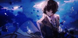 Rule 34 | 1boy, absurdres, bandages, baocaizi, brown coat, brown hair, bungou stray dogs, closed mouth, cloud, coat, collared shirt, dazai osamu (bungou stray dogs), formal, hair between eyes, highres, outdoors, shirt, short hair, solo, suit, upper body