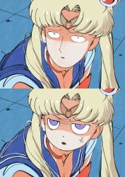 Rule 34 | absurdres, anger vein, bishoujo senshi sailor moon, blonde hair, blue eyes, blue sailor collar, breasts, choker, circlet, cleavage, commentary, crescent, derivative work, earrings, english commentary, floor, hair ornament, heart, heart choker, highres, jewelry, long hair, looking away, looking to the side, meme, one-punch man, parody, parted bangs, red choker, sailor collar, sailor moon, sailor moon redraw challenge (meme), saitama (one-punch man), sanpaku, screenshot redraw, shaded face, tatsumaki, the golden smurf, tsukino usagi, twintails, upper body, wide-eyed