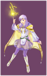 Rule 34 | 1girl, :o, bad id, bad pixiv id, boots, cape, circlet, electricity, fire emblem, fire emblem: path of radiance, fire emblem: radiant dawn, ilyana (fire emblem), long hair, low-tied long hair, nintendo, purple background, purple eyes, purple hair, purple thighhighs, skirt, solo, thighhighs