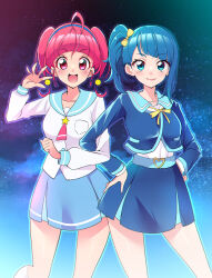 Rule 34 | 2girls, absurdres, ahoge, belt, blouse, blue eyes, blue hair, blue headband, blue ribbon, blue sailor collar, blue skirt, blush, breast pocket, closed mouth, collarbone, cut bangs, diagonal bangs, earrings, hair ribbon, hand up, hands on own hips, headband, heart, highres, hirogaru sky! precure, hoshina hikaru, in-franchise crossover, jewelry, locked arms, long hair, long sleeves, looking at viewer, medium hair, mihoshi middle school uniform, miniskirt, mitsuki tayura, multiple girls, neck ribbon, one side up, open mouth, pink eyes, pink hair, pleated skirt, pocket, precure, red ribbon, ribbon, sailor collar, school uniform, serafuku, in-franchise crossover, shirt, shirt tucked in, side-by-side, side ponytail, single sidelock, skirt, sky, smile, socks, sora harewataru, sorashido academy school uniform, standing, star (sky), star (symbol), star twinkle precure, starry sky, twintails, two side up, waving, white shirt, white socks, wide hips, yellow ribbon