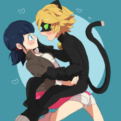 Rule 34 | 1boy, 1girl, adrien agreste, animal ears, aoi (ao1yui), arm grab, bell, blonde hair, blue background, blue eyes, blue hair, blush, bodysuit, cat ears, chat noir, colored sclera, fake animal ears, finger to mouth, from side, green eyes, green sclera, hand on another&#039;s face, heart, highres, marinette dupain-cheng, miraculous ladybug, open mouth, short twintails, simple background, sitting, sitting on lap, sitting on person, twintails
