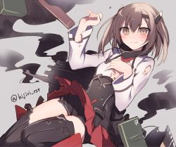 Rule 34 | 10s, 1girl, 3:, 3:&lt;, bike shorts, brown eyes, brown hair, hijiri (resetter), kantai collection, looking at viewer, machinery, pleated skirt, short hair, sketch, skirt, smoke, solo, taihou (kancolle), torn clothes, v-shaped eyebrows, wavy mouth
