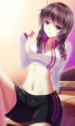 Rule 34 | 1girl, ame wa a ga tsutano?, arm behind back, arm support, braid, breasts, brown eyes, brown hair, clenched hand, crop top, gym shorts, gym uniform, hair over shoulder, indoors, leg up, lens flare, light smile, long hair, looking at viewer, midriff, navel, original, shorts, sitting, sleeves past wrists, solo, twin braids