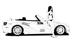 Rule 34 | 1girl, against vehicle, bad id, bad pixiv id, bikini, car, closed mouth, cup, disposable cup, drinking, drinking straw, flat chest, greyscale, highres, holding, holding cup, honda, honda s2000, long hair, looking at viewer, luimiart, monochrome, motor vehicle, navel, negative space, original, sandals, simple background, solo, swimsuit, vehicle focus, very long hair, white background