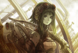 Rule 34 | 1girl, bad id, bad pixiv id, cable, comin, goggles, goggles on head, green eyes, green hair, gumi, headphones, headset, instrument, matching hair/eyes, mecha musume, solo, steampunk, vocaloid