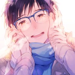Rule 34 | 2boys, :d, black hair, blue-framed eyewear, blue scarf, blush, brown eyes, glasses, hands on another&#039;s cheeks, hands on another&#039;s face, jewelry, katsuki yuuri, kuroemon, male focus, multiple boys, open mouth, pov, reflection, ring, scarf, smile, solo focus, viktor nikiforov, yuri!!! on ice