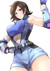 Rule 34 | 1girl, armpit peek, belt, breasts, brown eyes, brown hair, clash kuro neko, closed mouth, elbow gloves, elbow pads, fingerless gloves, from below, gloves, hand on own hip, hand up, highres, jumpsuit, kazama asuka, large breasts, looking at viewer, namco, short hair, simple background, smile, solo, sports bra, star (symbol), stomach, tekken, thighs, unzipped, white background