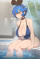 Rule 34 | 1girl, ahoge, bare arms, bare legs, bare shoulders, black bow, black choker, blue hair, blue nails, blue one-piece swimsuit, bow, breasts, breath, choker, collarbone, commentary, covered navel, day, dif (difman), difman, dyed ahoge, english commentary, expression request, grey sky, headdress, highres, huge breasts, indoors, lights, medium bangs, messy hair, mole, mole under eye, motion lines, one-piece swimsuit, original, pool, sideboob, sky, soaking feet, solo, swimsuit, trembling, wide hips, window, yellow eyes