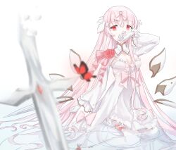 1girl absurdres arcaea bow breasts bug butterfly cleavage detached_wings dress flower gloves hand_on_own_face highres hikari_(arcaea) hikari_(fatalis)_(arcaea) insect long_hair long_sleeves mechanical_wings medium_breasts pink_bow pink_eyes pink_flower pink_hair red_butterfly sidelocks sitting solo sword thighhighs user_heex7478 weapon white_dress white_gloves white_thighhighs wide_sleeves wings