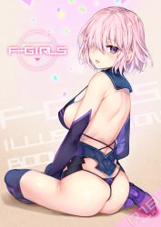 Rule 34 | 1girl, ass, back, bare shoulders, black panties, black thighhighs, blush, breasts, criss-cross halter, detached collar, elbow gloves, fate/grand order, fate (series), from behind, g-string, gloves, hair over one eye, halterneck, high heels, kaguyuzu, large breasts, light purple hair, looking at viewer, looking back, mash kyrielight, open mouth, panties, purple eyes, purple gloves, short hair, sideboob, sitting, smile, solo, strap gap, thighhighs, thong, underwear, yokozuwari
