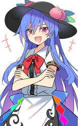 Rule 34 | +++, 1girl, black headwear, blue hair, blue skirt, blush, buttons, center frills, collared shirt, e.o., fang, frills, fruit hat ornament, hair between eyes, hat ornament, highres, hinanawi tenshi, long hair, open mouth, peach hat ornament, rainbow order, red eyes, shirt, short sleeves, simple background, skin fang, skirt, smile, solo, touhou, white background, white shirt