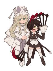 Rule 34 | 2girls, :d, absurdres, arm at side, black footwear, black hair, black jacket, black skirt, blonde hair, boots, buttons, cantaurus, closed mouth, collared shirt, cropped jacket, dot nose, dress, eyepatch, fang, frilled headwear, frilled sleeves, frills, full body, green eyes, grey gemstone, grey skirt, hair between eyes, hand up, hat, highres, jacket, kure kirika, layered dress, long hair, long skirt, long sleeves, looking at viewer, magical girl, mahou shoujo madoka magica, mahou shoujo oriko magica, mikuni oriko, multiple girls, necktie, open mouth, own hands together, pleated skirt, poncho, red necktie, shirt, short hair, sidelocks, simple background, skirt, sleeve cuffs, smile, standing, swept bangs, thighhighs, very long sleeves, wavy hair, weapon request, white background, white dress, white footwear, white headwear, white shirt, white thighhighs