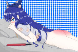 Rule 34 | 1girl, ass, blue eyes, blue hair, long hair, red ass, solo, spanked, touhou, yorigami shion