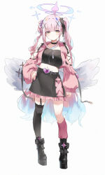 Rule 34 | 1girl, alternate costume, alternate hairstyle, angel wings, asymmetrical legwear, black footwear, black thighhighs, blue archive, blush, boots, breasts, closed mouth, collarbone, commentary, feathered wings, flower, full body, hair bun, hair flower, hair ornament, halo, highres, jacket, jsscj, long hair, long sleeves, looking at viewer, medium breasts, mika (blue archive), mismatched legwear, navel, open clothes, open jacket, pink hair, pink halo, pink jacket, pink socks, purple flower, simple background, single side bun, single sock, single thighhigh, socks, solo, thighhighs, white background, white wings, wings, yellow eyes