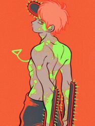 Rule 34 | 1boy, chainsaw, chainsaw man, denji (chainsaw man), from behind, highres, looking back, male focus, muscular, orange background, orange eyes, orange hair, paint splatter, profile, serious, simple background, solo, topless male, uzuta