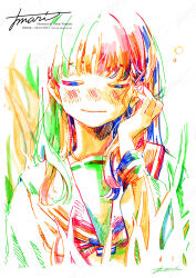 Rule 34 | 1girl, artist name, blush, closed eyes, closed mouth, colorful, facing viewer, hand in own hair, hand up, highres, long hair, long sleeves, original, procreate (medium), school uniform, serafuku, signature, solo, straight-on, upper body, watanabe tomari, watermark, white background