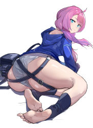 Rule 34 | 1girl, absurdres, ahoge, ankle wrap, arknights, ass, bag, barefoot, blue eyes, blue hoodie, blue poison (arknights), feet, from behind, full body, highres, hood, hoodie, light smile, long sleeves, looking at viewer, looking back, lying, medium hair, on side, panties, parted bangs, pink hair, shoulder bag, simple background, skindentation, smile, soles, solo, strap, thick thighs, thighs, twintails, underwear, wedgie, white background, white panties, yuxia (please6)