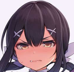 Rule 34 | 1girl, angry, black hair, blush, bow, brown eyes, clenched teeth, fate/kaleid liner prisma illya, fate (series), hair bow, hair ornament, hairclip, highres, long hair, looking at viewer, miyu edelfelt, portrait, purple bow, santa (sunflower), simple background, solo, sweatdrop, teeth, twintails, white background, x hair ornament
