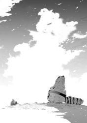 Rule 34 | 10s, animal ears, blue sky, broken, cloud, damaged, day, greyscale, highres, kemono friends, lefthand, lucky beast (kemono friends), monochrome, monochrome, no humans, rock, sky, tail