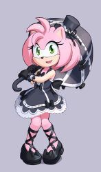Rule 34 | 1girl, amy rose, black dress, black footwear, black gloves, black hat, dress, dstears art, furry, furry female, gloves, gothic lolita, green eyes, grey background, hat, highres, holding, holding umbrella, lolita fashion, looking at viewer, mini hat, mini top hat, no humans, open mouth, shoes, simple background, solo, sonic (series), top hat, umbrella