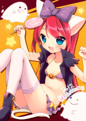 Rule 34 | 10s, 1girl, 2012, :d, animal ears, bikini, bikini top only, blue eyes, blush, bow, breasts, candy, cat ears, cat tail, collarbone, fang, food, ghost, hair bow, halloween, holding, lollipop, long hair, open mouth, original, red hair, sitting, skirt, small breasts, smile, solo, star (symbol), swimsuit, swirl lollipop, tail, thighhighs, usashiro mani, white thighhighs