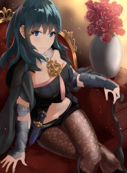 Rule 34 | 1girl, absurdres, blue eyes, blue hair, breasts, brown pantyhose, byleth (female) (fire emblem), byleth (fire emblem), clothing cutout, commentary, feet out of frame, fire emblem, fire emblem: three houses, flower, highres, large breasts, light particles, long hair, looking at viewer, navel, navel cutout, nintendo, pantyhose, pantyhose under shorts, red flower, red rose, rose, sail (sail-away), shorts, sitting, smile, solo, vambraces, vase