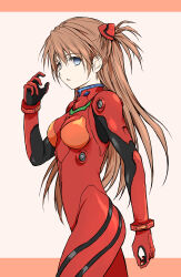 1girl absurdres blue_eyes bodysuit breasts brown_hair commentary cowboy_shot from_side hair_between_eyes hand_up highres interface_headset letterboxed long_hair looking_at_viewer mecha_pilot_suit neon_genesis_evangelion open_mouth outside_border plugsuit red_bodysuit shimoda_masaya shiny_clothes small_breasts solo souryuu_asuka_langley two-tone_background very_long_hair white_background wide_hips