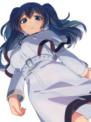 Rule 34 | 1girl, asada hachi, blue eyes, blue hair, breasts, capelet, commentary request, dress, from below, hair between eyes, long hair, long sleeves, looking at viewer, medium breasts, open mouth, simple background, solo, tokyo ghoul, twintails, twitter username, watermark, white background, white capelet, white dress, yonebayashi saiko