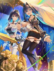 Rule 34 | 2girls, absurdres, artist name, black skirt, black thighhighs, blue eyes, blue hair, boots, bow, bow earrings, breasts, chain, chain headband, detached sleeves, earrings, fang, flower, grin, high heel boots, high heels, highres, hololive, hololive english, hololive idol uniform, hololive idol uniform (bright), jewelry, juliet sleeves, large breasts, long sleeves, multiple girls, multiple persona, open mouth, ouro kronii, petals, puffy sleeves, rose, santafe99, shirt, sideboob, single thighhigh, skin fang, skirt, smile, standing, standing on one leg, thighhighs, veil, virtual youtuber, white footwear, white shirt, white skirt, yellow flower, yellow rose