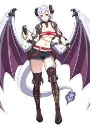 Rule 34 | 1girl, bad link, belt, belt bra, black choker, black gloves, black sclera, black shorts, black thighhighs, boots, breasts, brown footwear, brown jacket, choker, closed mouth, colored sclera, contrapposto, curled horns, demon girl, demon horns, demon tail, demon wings, fingerless gloves, gloves, grey hair, holding, horns, jacket, knee boots, large breasts, leash, leg belt, lilim (monster girl encyclopedia), long hair, looking at viewer, maritan (pixelmaritan), monster girl encyclopedia, navel, neck ribbon, original, pointy ears, pouch, red eyes, red ribbon, ribbon, rope, second-party source, short hair, short shorts, shorts, simple background, slit pupils, smile, solo, spread wings, standing, sword, tail, tattoo, thighhighs, vanessa (lilim), weapon, white background, wings