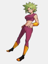 Rule 34 | 1girl, abs, aqua eyes, arms at sides, boots, breasts, crop top, dragon ball, dragon ball super, earrings, full body, green hair, grey background, grin, half-closed eyes, hands on own hips, jewelry, kefla (dragon ball), kemachiku, knee boots, large breasts, leggings, legs apart, long hair, looking at viewer, midriff, parted bangs, potara earrings, simple background, smile, solo, spiked hair, super saiyan, toned, very long hair