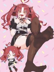 Rule 34 | 1girl, :3, ahoge, belt, black dress, black nails, blush, breasts, brown thighhighs, chibi, chibi inset, closed mouth, colored inner hair, commission, dog tags, dress, eyelashes, fangs, feet, foot focus, foot up, full body, garter straps, gradient hair, hair ribbon, hands up, heart, heart ahoge, highres, indie virtual youtuber, invisible chair, knee up, legs, long hair, maid, medium breasts, multicolored hair, multiple views, no shoes, omkuros, open mouth, orange eyes, parted bangs, pink background, puffy short sleeves, puffy sleeves, purple hair, red hair, red ribbon, ribbon, see-through, see-through legwear, short sleeves, sitting, skeb commission, spread toes, standing, standing on one leg, streaked hair, thighhighs, thighs, toes, twintails, twitter username, v-shaped eyebrows, virtual youtuber, white belt