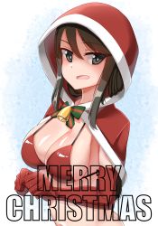 Rule 34 | 0:00, 1girl, alternate costume, bell, bikini, bow, bowtie, breasts, brown eyes, brown hair, capelet, christmas, cleavage, commentary, elbow gloves, english text, fur-trimmed capelet, fur trim, girls und panzer, gloves, green bow, green bowtie, halterneck, highres, hood, hood up, hooded capelet, long hair, looking at viewer, medium breasts, merry christmas, mika (girls und panzer), navel, neck bell, open mouth, red bikini, red bow, red bowtie, red capelet, red gloves, santa costume, smile, solo, swimsuit, upper body