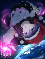 Rule 34 | 1girl, bad id, bad pixiv id, black dress, blue eyes, blue hair, cacao devil, doremy sweet, dream soul, dress, earth (planet), expressionless, grabbing, hat, nightcap, open mouth, pom pom (clothes), short sleeves, solo, space, sunlight, touhou, upside-down, white dress, white footwear