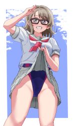 Rule 34 | 1girl, absurdres, bikini, bikini under clothes, blue eyes, blue one-piece swimsuit, breasts, brown-framed eyewear, collarbone, commentary request, competition swimsuit, ereka, glasses, grey hair, grey sailor collar, grey skirt, groin, highres, lifted by self, looking at viewer, love live!, love live! sunshine!!, medium breasts, neckerchief, one-piece swimsuit, outside border, pleated skirt, red neckerchief, sailor collar, salute, school uniform, shirt, short hair, short sleeves, skirt, solo, standing, summer uniform, swimsuit, swimsuit under clothes, upper body, uranohoshi school uniform, watanabe you, white shirt