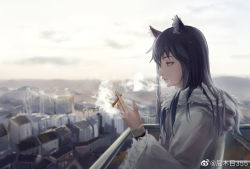 Rule 34 | animal ear fluff, animal ears, arknights, black hair, building, cigar, city, cityscape, closed mouth, cloud, cloudy sky, day, eyebrows, fur-trimmed hood, fur-trimmed jacket, fur-trimmed sleeves, fur trim, grey jacket, highres, holding, holding cigar, hood, hood down, hooded jacket, jacket, long sleeves, looking away, nininisama, official alternate costume, rooftop, scenery, sidelocks, sky, smoke, smoking, solo, standing, texas (arknights), texas (winter messenger) (arknights), weibo watermark, window, wolf ears, wolf girl, yellow eyes