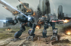 Rule 34 | anthony scroggins (shimmering sword), arm cannon, battle, battletech, city, cityscape, commentary, contrail, crater, damaged, dirty, dust, energy beam, energy cannon, explosion, fire, firing, insignia, madcat, mecha, missile, non-humanoid robot, realistic, robot, rocket launcher, roundel, ruins, science fiction, sparks, vulture (battletech), walker (robot), walking, weapon, wolf&#039;s dragoons