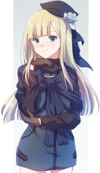 Rule 34 | 1girl, absurdres, aqua eyes, black headwear, blonde hair, blue capelet, blue dress, blunt bangs, blush, brown gloves, capelet, closed mouth, commentary request, cowboy shot, dress, fate (series), gloves, grey hair, hand on own arm, highres, long hair, long sleeves, looking at viewer, lord el-melloi ii case files, nyaa (nnekoron), reines el-melloi archisorte, sidelocks, simple background, smile, solo