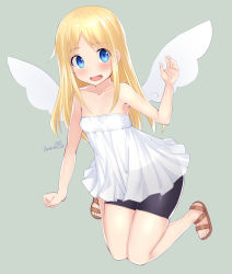 Rule 34 | 1other, angel, bike shorts, blonde hair, blue eyes, blush, bosshi, brown footwear, crimvael, dress, full body, highres, ishuzoku reviewers, long hair, open mouth, sandals, shorts under dress, signature, simple background, strapless, strapless dress, white dress, wings