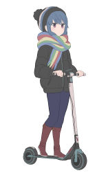 Rule 34 | 1girl, absurdres, beanie, black coat, blue hair, blue pants, boots, brown footwear, closed mouth, coat, denim, expressionless, flat color, full body, hat, highres, jeans, looking ahead, medium hair, moon (yfsp7823), pants, rainbow scarf, red eyes, riding scooter, scarf, shima rin, simple background, solo, standing, unfinished, white background, winter clothes, yurucamp