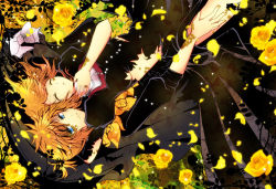 Rule 34 | 1boy, 1girl, alternate costume, alternate hairstyle, blonde hair, blue eyes, bow, brother and sister, closed eyes, flower, hand on own hip, hip focus, jewelry, kagamine len, kagamine rin, necklace, open mouth, petals, ponytail, ribbon, rose, short hair, siblings, torn clothes, vocaloid, yellow flower, yellow rose, zasiki usagi (zasikiusa)